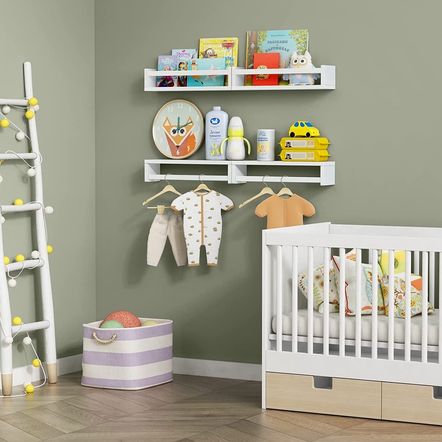 Nursery room with crib shelves and decor