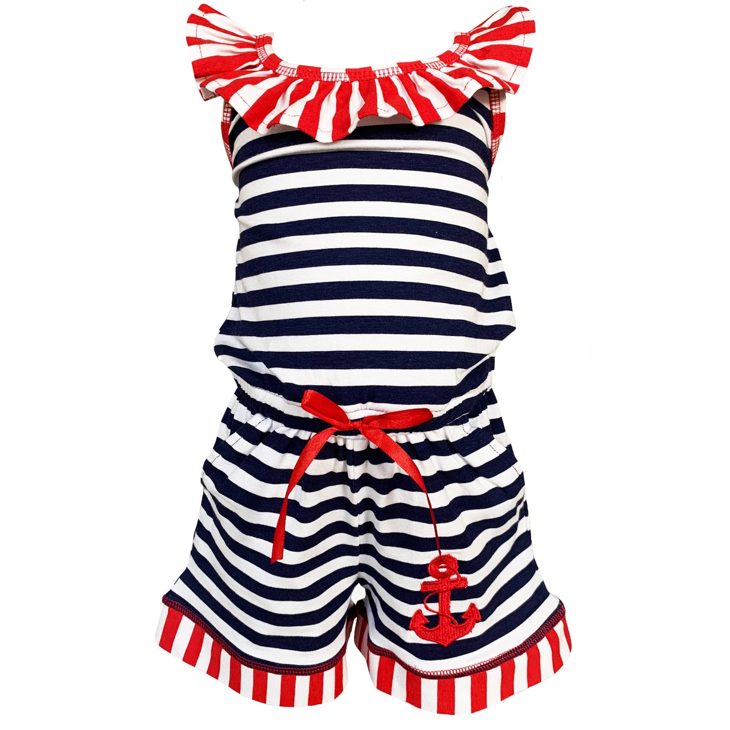 AnnLoren Girls Anchors Away Nautical Romper