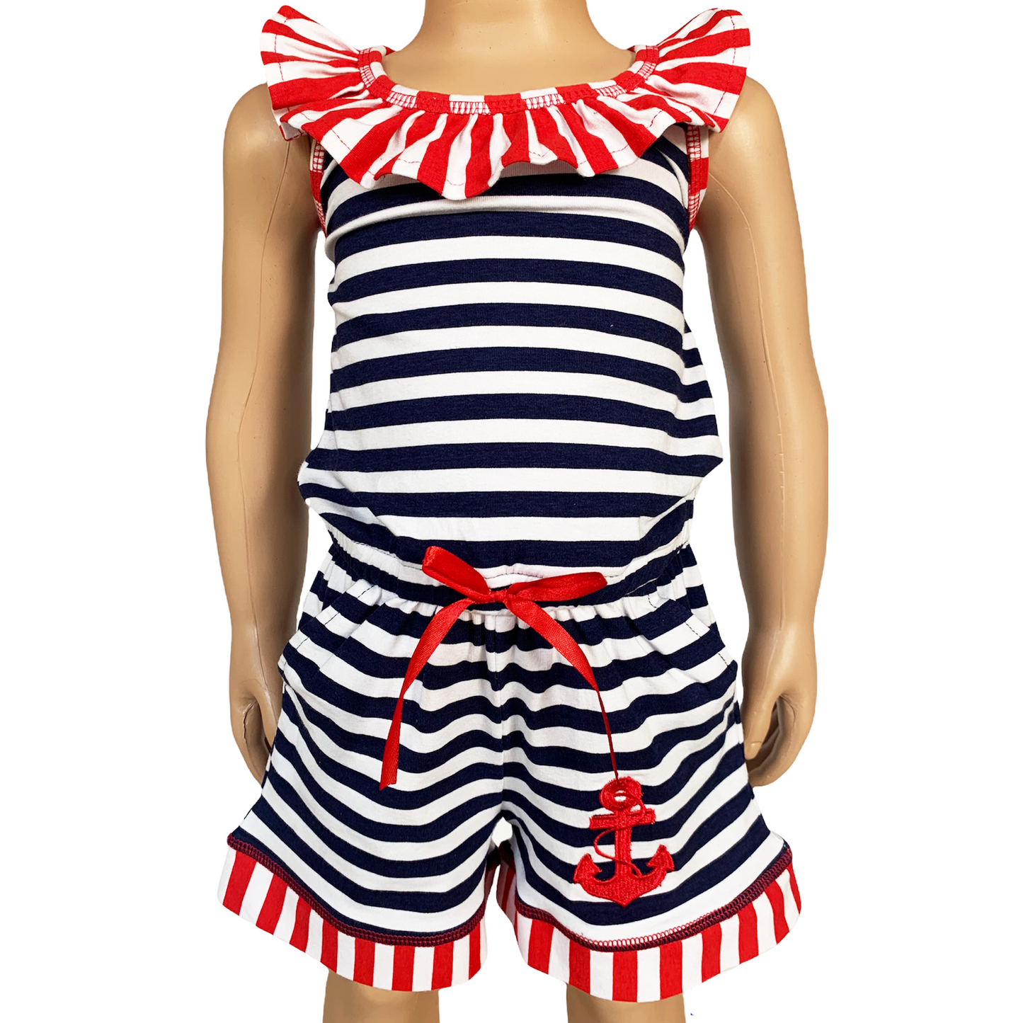 AnnLoren Girls Anchors Away Nautical Romper