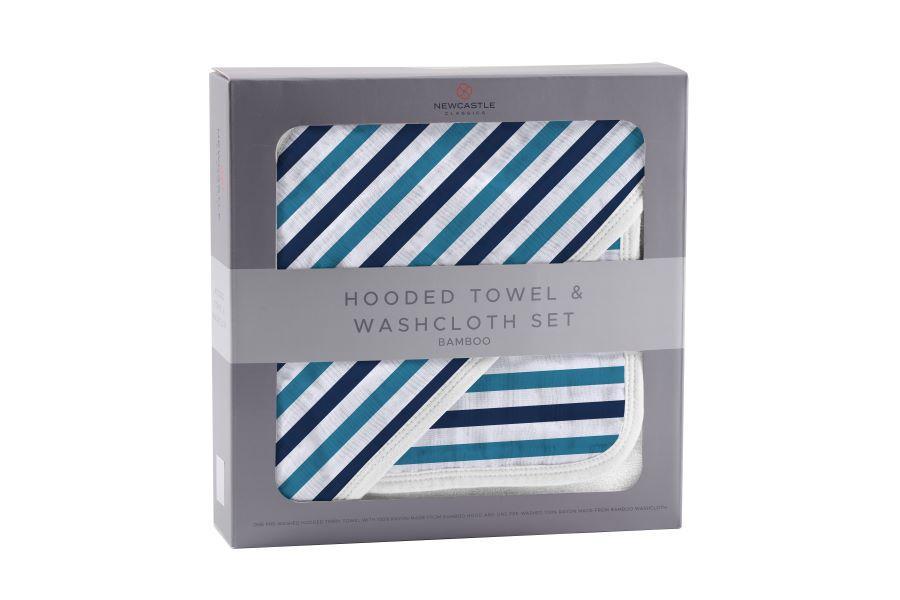 Blue and White Stripe Bamboo Hooded Towel and Washcloth Set