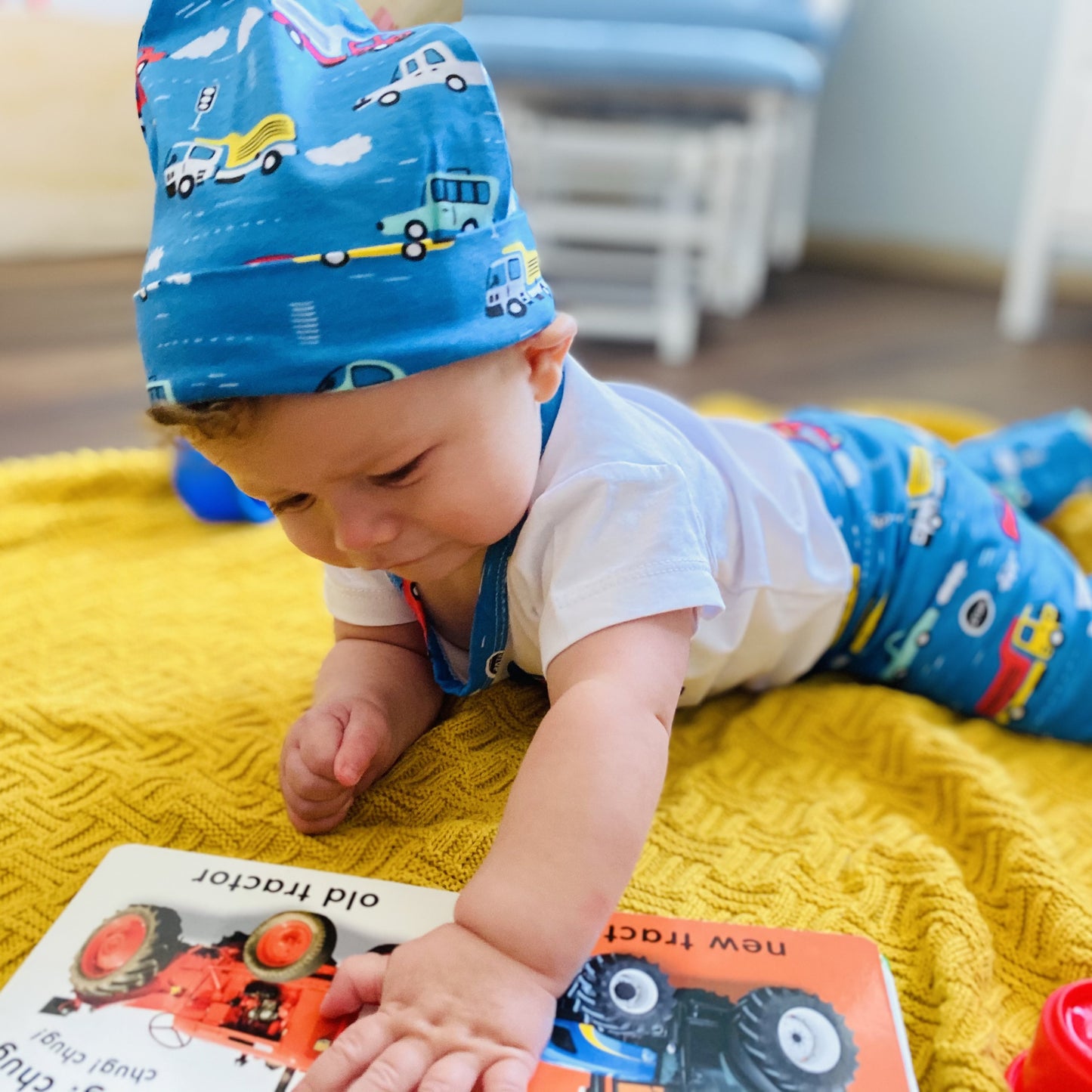 AnnLoren Layette Cars Trucks Onesie, Pants & Cap 3pc Gift Set