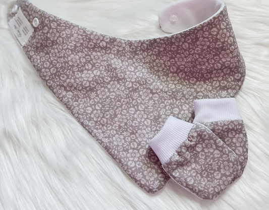 Gray Floral Bandana Bib and No Scratch Hand Mittens