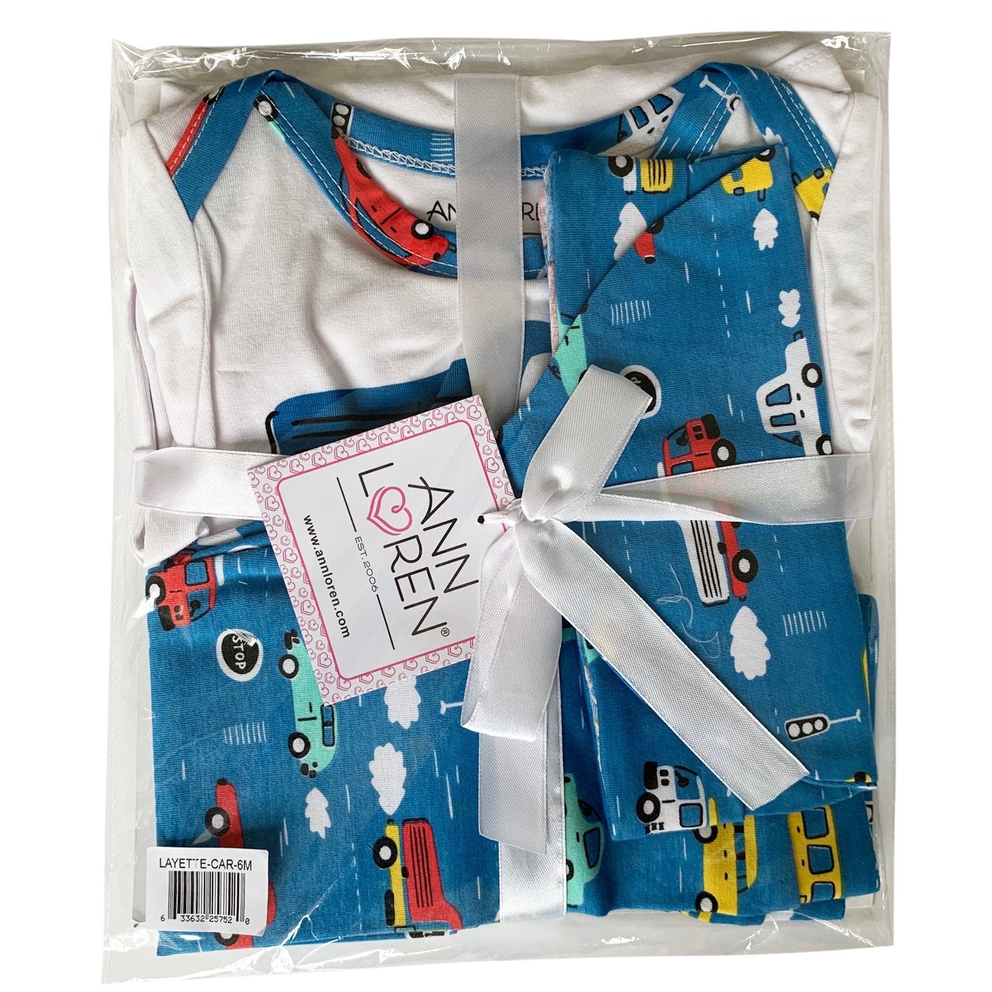 AnnLoren Layette Cars Trucks Onesie, Pants & Cap 3pc Gift Set