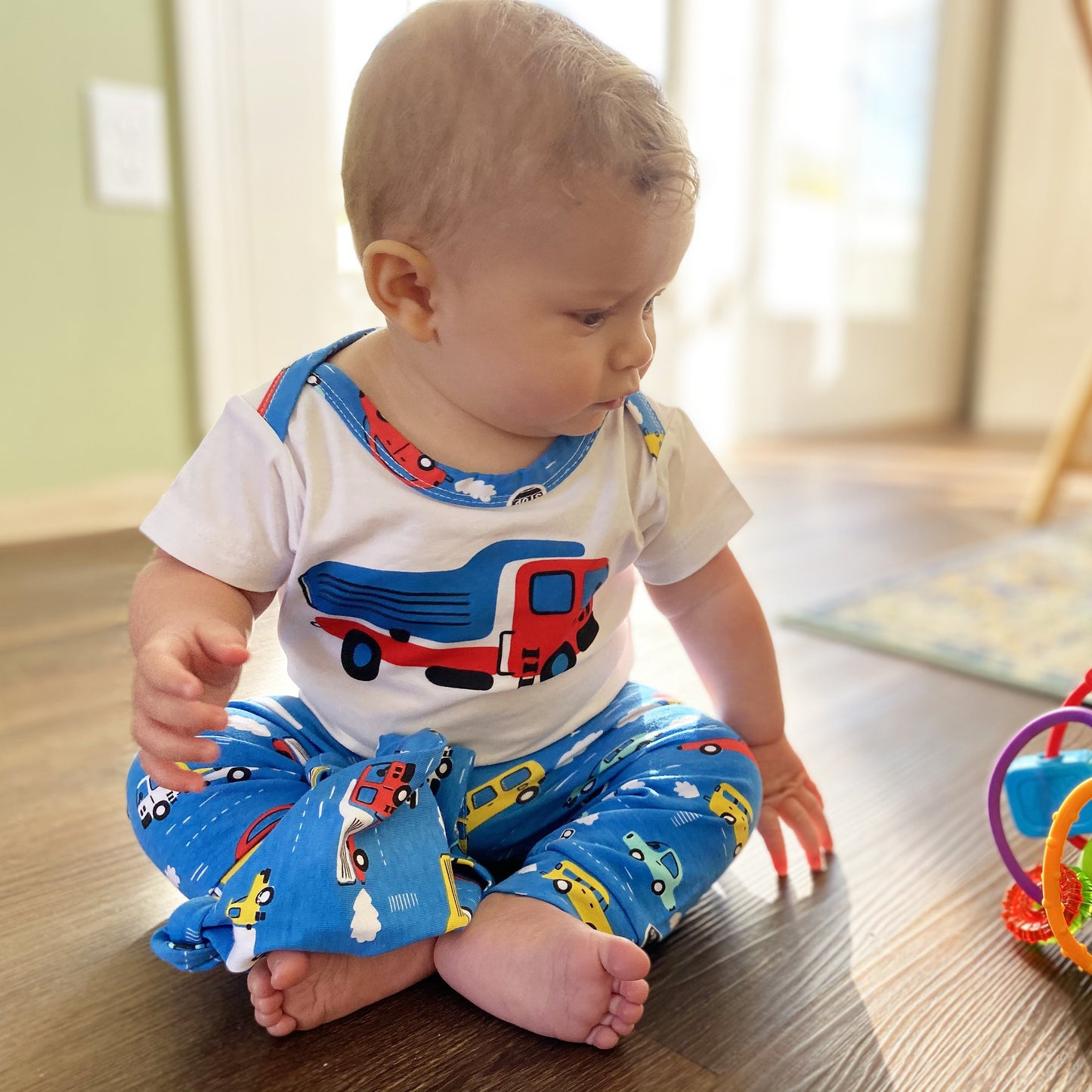 AnnLoren Layette Cars Trucks Onesie, Pants & Cap 3pc Gift Set