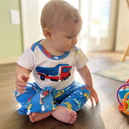 AnnLoren Layette Cars Trucks Onesie, Pants & Cap 3pc Gift Set