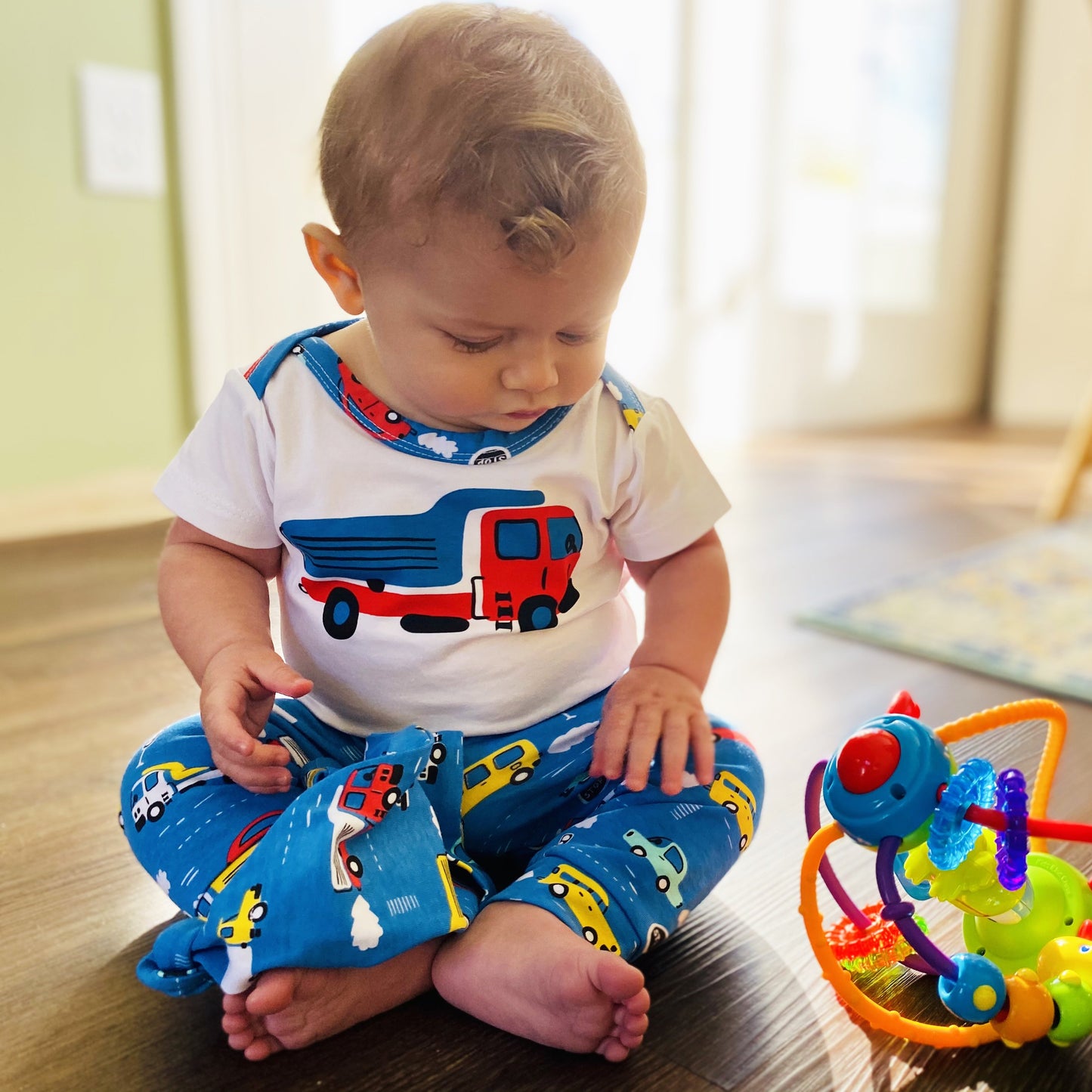 AnnLoren Layette Cars Trucks Onesie, Pants & Cap 3pc Gift Set