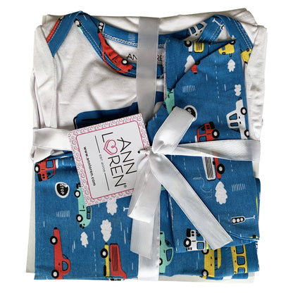 AnnLoren Layette Cars Trucks Onesie, Pants & Cap 3pc Gift Set