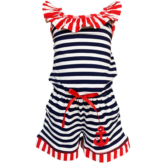 AnnLoren Girls Anchors Away Nautical Romper