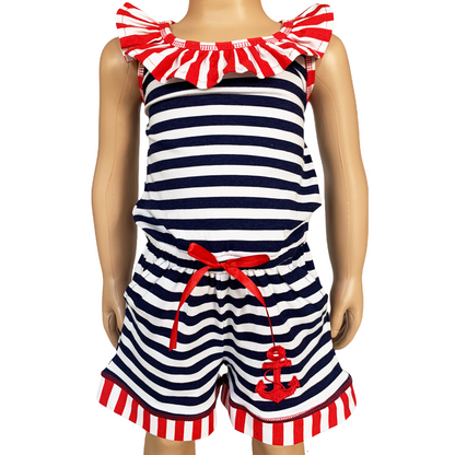AnnLoren Girls Anchors Away Nautical Romper