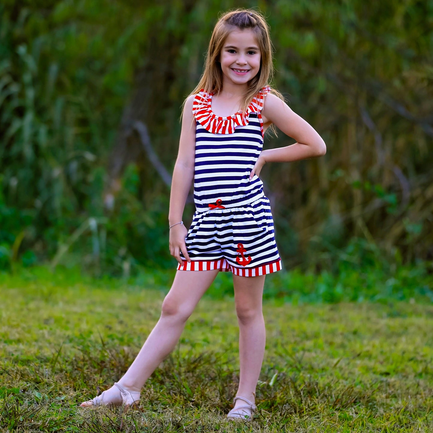 AnnLoren Girls Anchors Away Nautical Romper