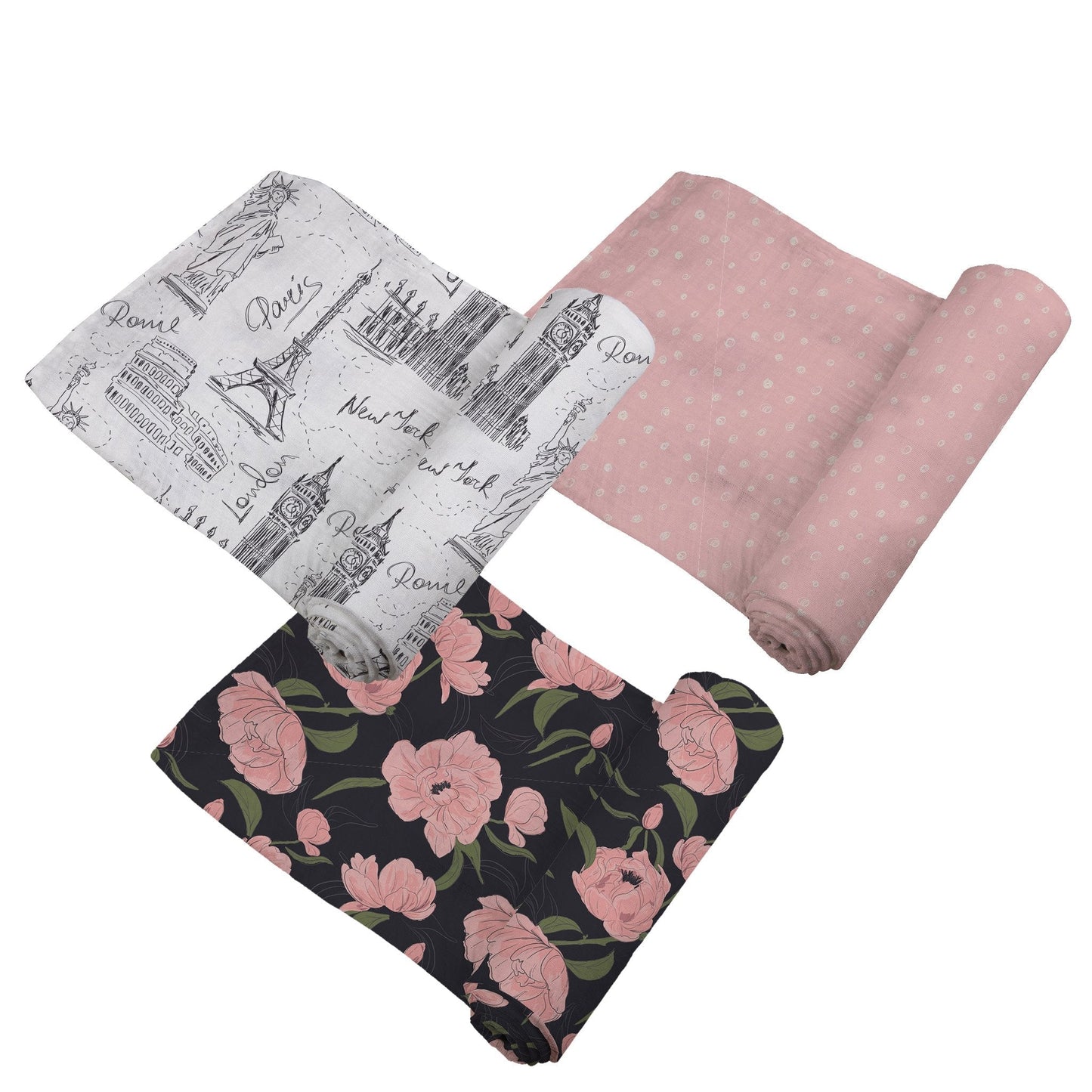 London, Paris, New York Swaddling Blankets 3 Pack