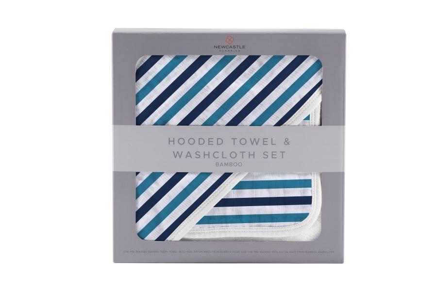 Blue and White Stripe Bamboo Hooded Towel and Washcloth Set