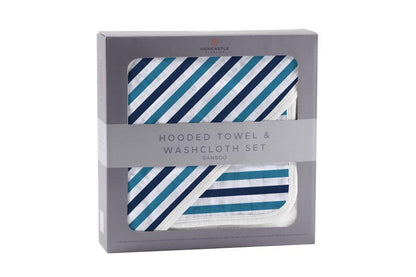 Blue and White Stripe Bamboo Hooded Towel and Washcloth Set