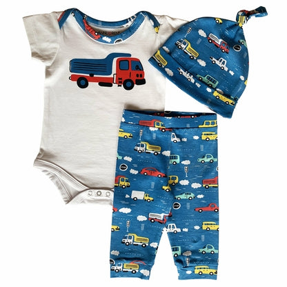 AnnLoren Layette Cars Trucks Onesie, Pants & Cap 3pc Gift Set