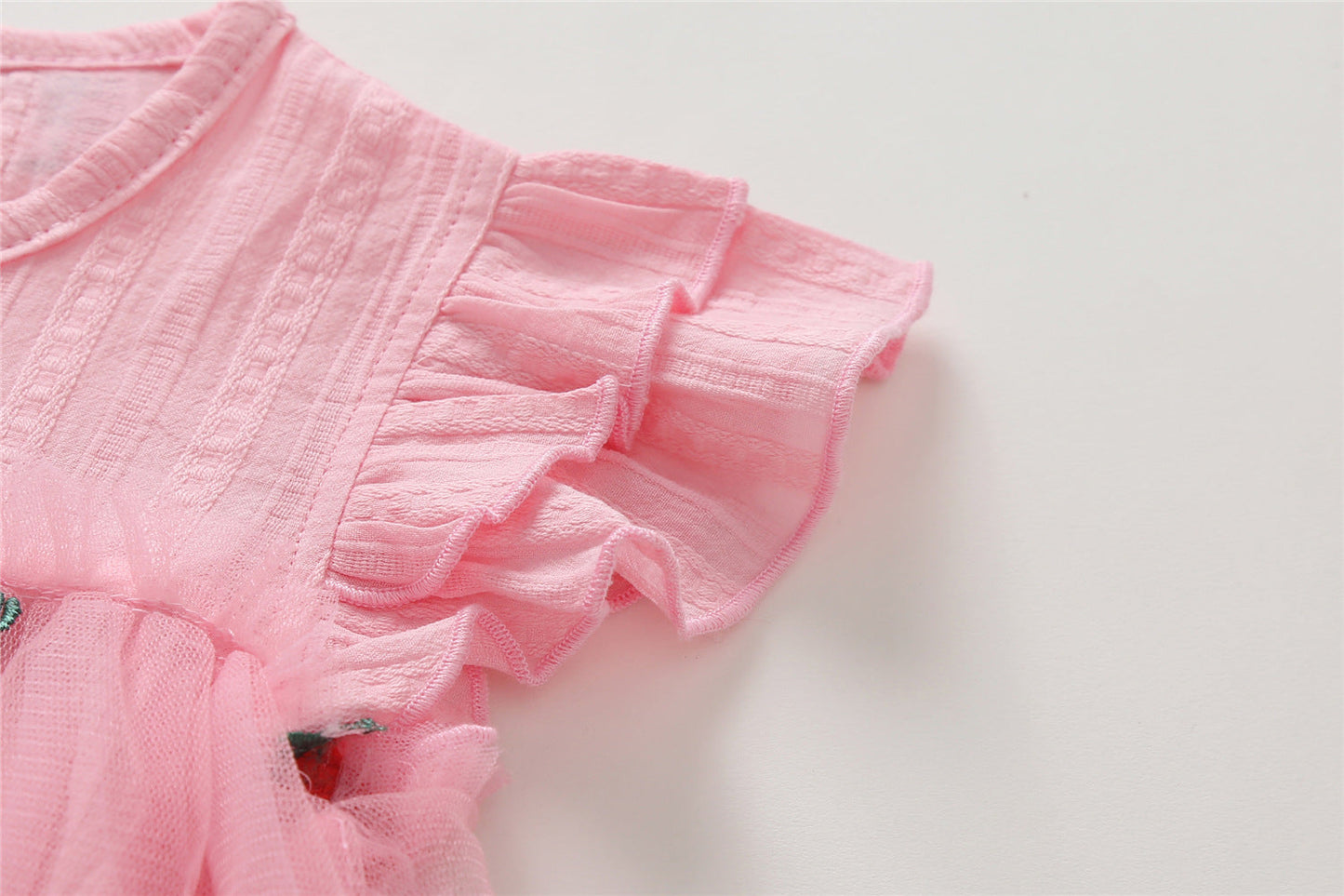 Embroidered Mesh Overlay Flounce Onesie
