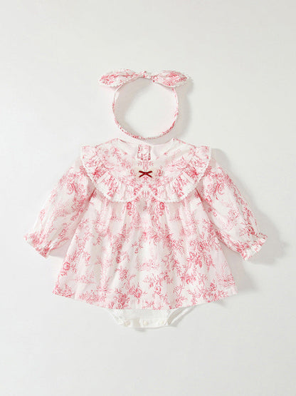Spring Arrival Baby Girls Flowers Pattern Lace-Trim Peter Pan Collar