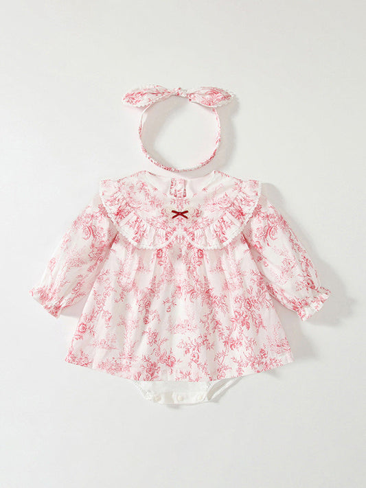 Spring Arrival Baby Girls Flowers Pattern Lace-Trim Peter Pan Collar