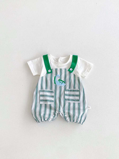 Green Striped Sleeveless Overalls