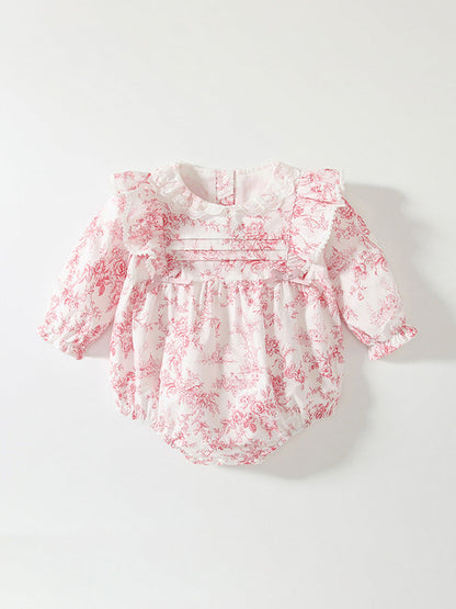 Spring Arrival Baby Girls Flowers Pattern Lace-Trim Collar Onesies
