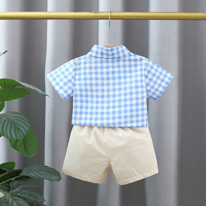 Blue Plaid Pattern Short Sleeve Outfit