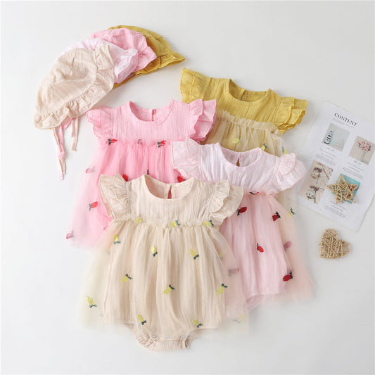 Embroidered Mesh Overlay Flounce Onesie