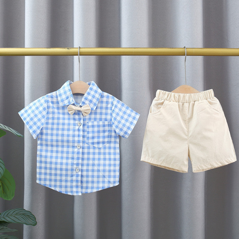 Blue Plaid Pattern Short Sleeve Outfit