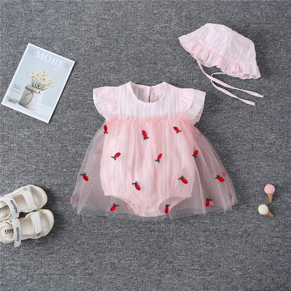 Embroidered Mesh Overlay Flounce Onesie