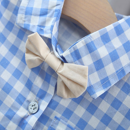 Blue Plaid Pattern Short Sleeve Outfit