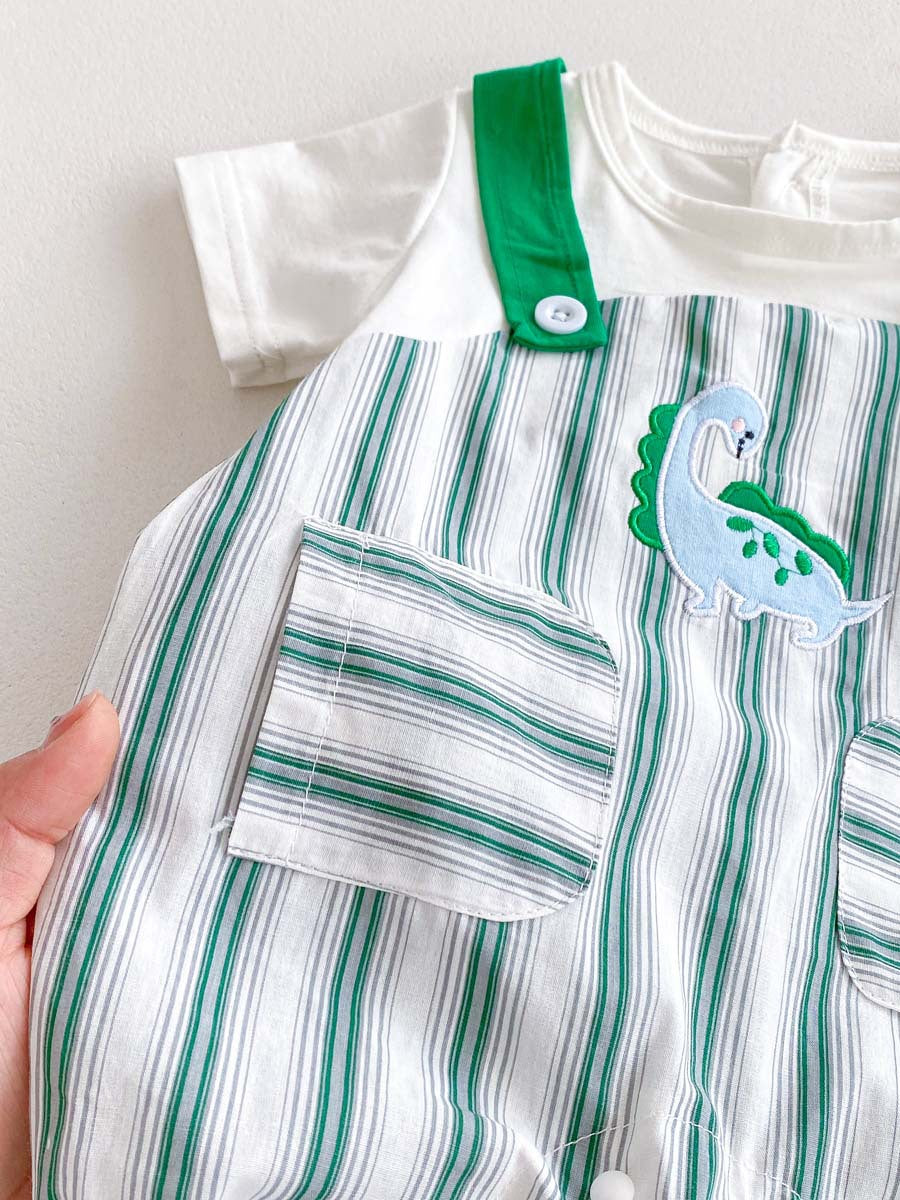 Green Striped Sleeveless Overalls