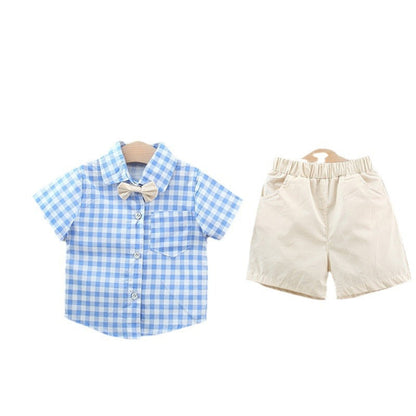 Blue Plaid Pattern Short Sleeve Outfit