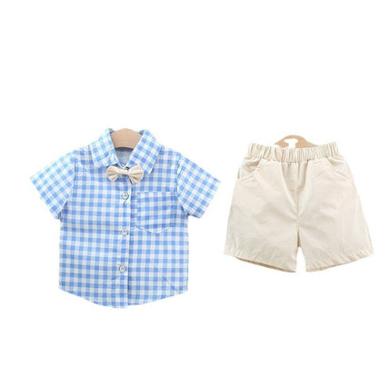 Blue Plaid Pattern Short Sleeve Outfit