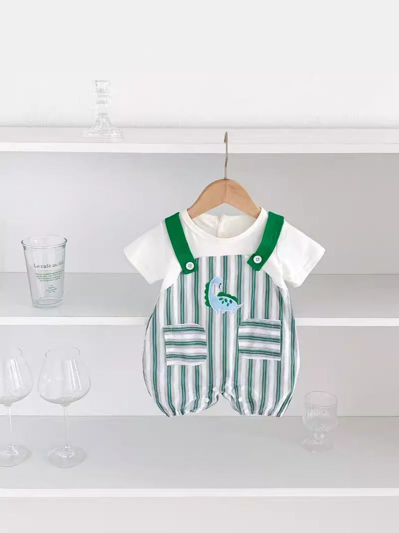 Green Striped Sleeveless Overalls