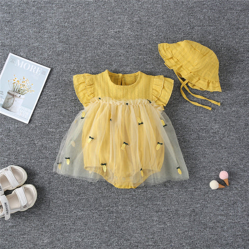 Embroidered Mesh Overlay Flounce Onesie