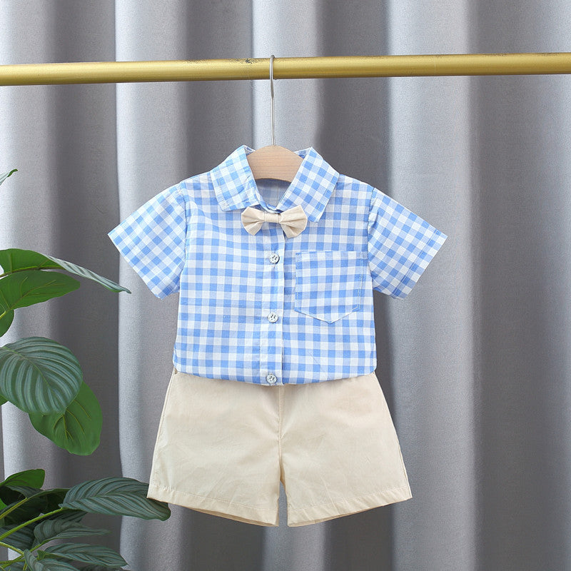 Blue Plaid Pattern Short Sleeve Outfit
