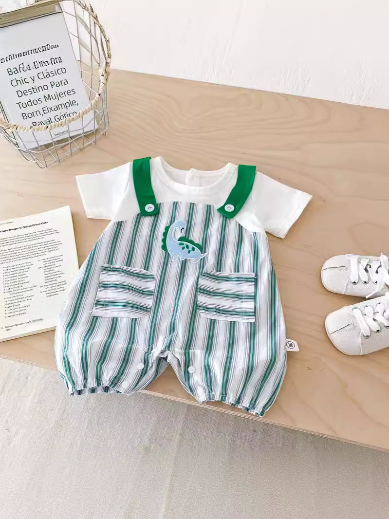 Green Striped Sleeveless Overalls