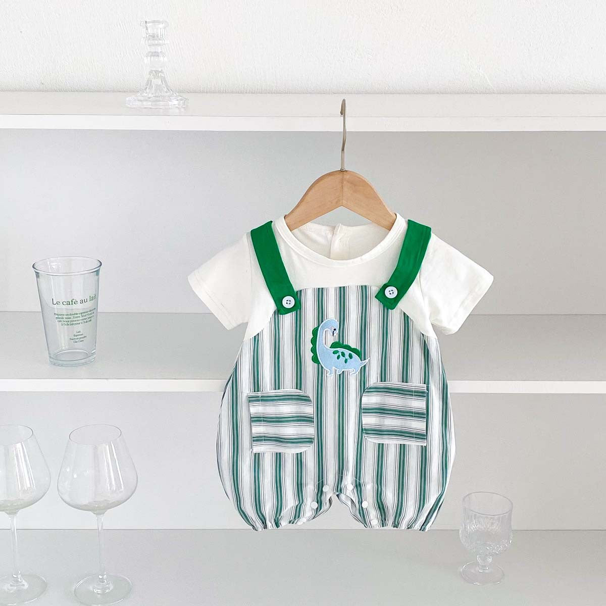 Green Striped Sleeveless Overalls